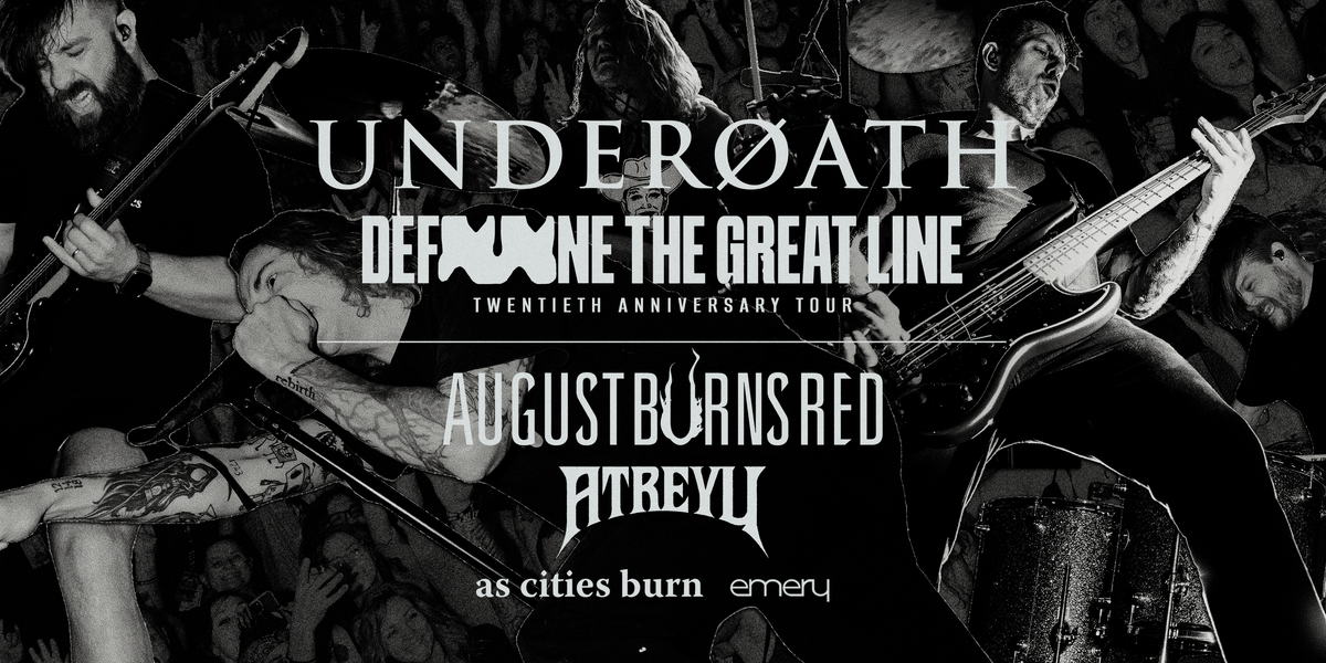 Black and white concert poster for Underoath's 'Define the Great Line' 20th Anniversary Tour, featuring band members performing live with text overlays for August Burns Red and Atreyli.