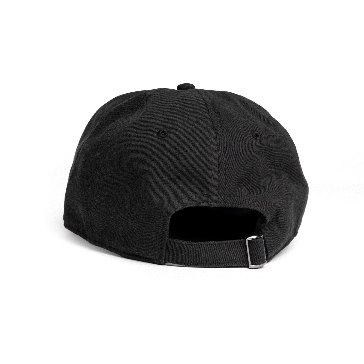 Black baseball cap shown from the back, featuring a structured six-panel crown, ventilation eyelets, a button on top, and an adjustable strap with a silver metal buckle, set against a plain white background.
