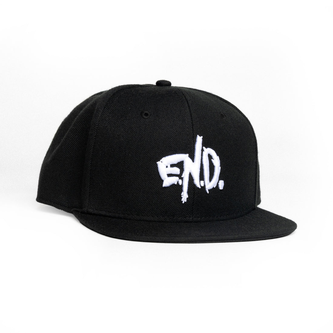 A black flat-brim snapback cap featuring a white embroidered &
