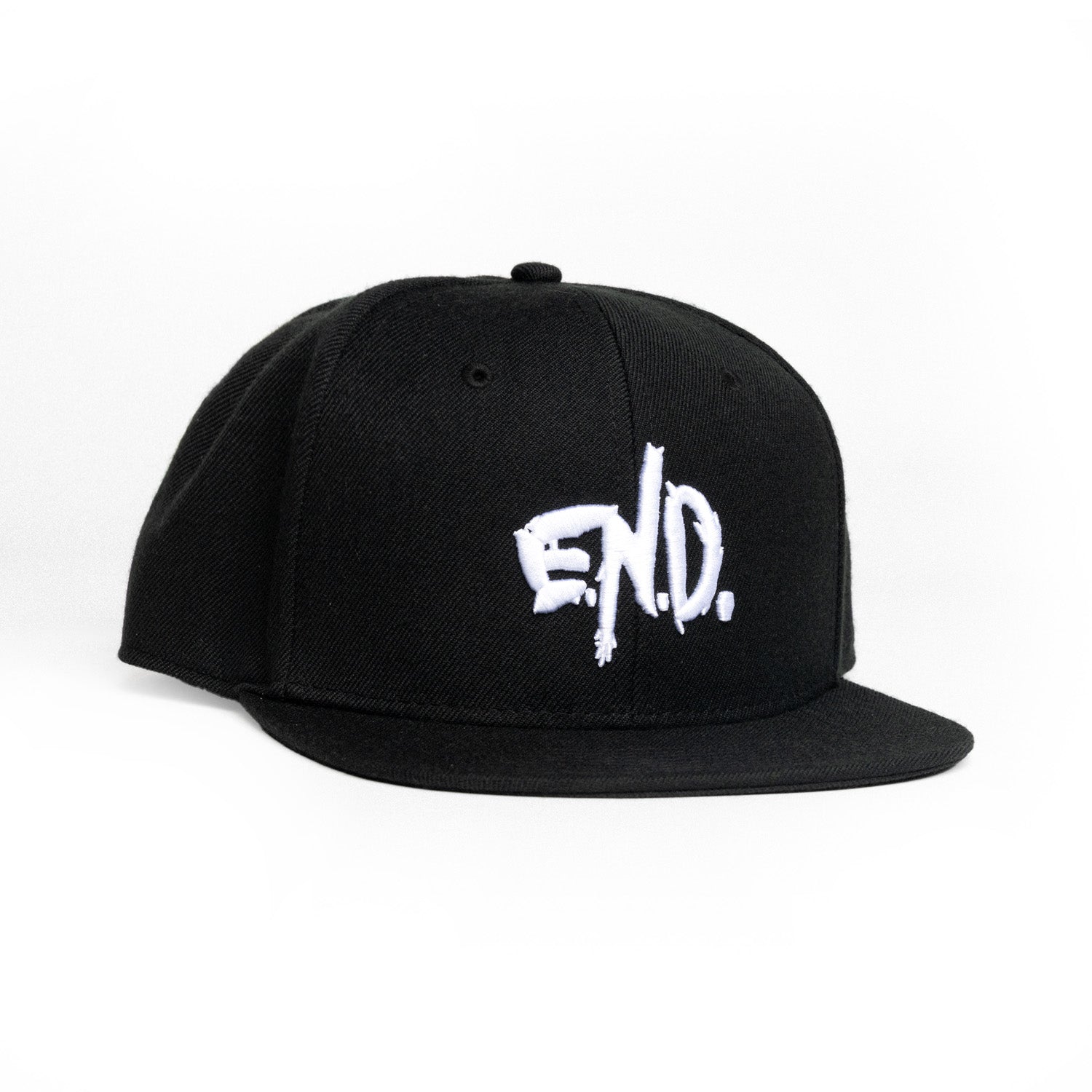 A black flat-brim snapback cap featuring a white embroidered &