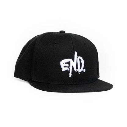 A black flat-brim snapback cap featuring a white embroidered &