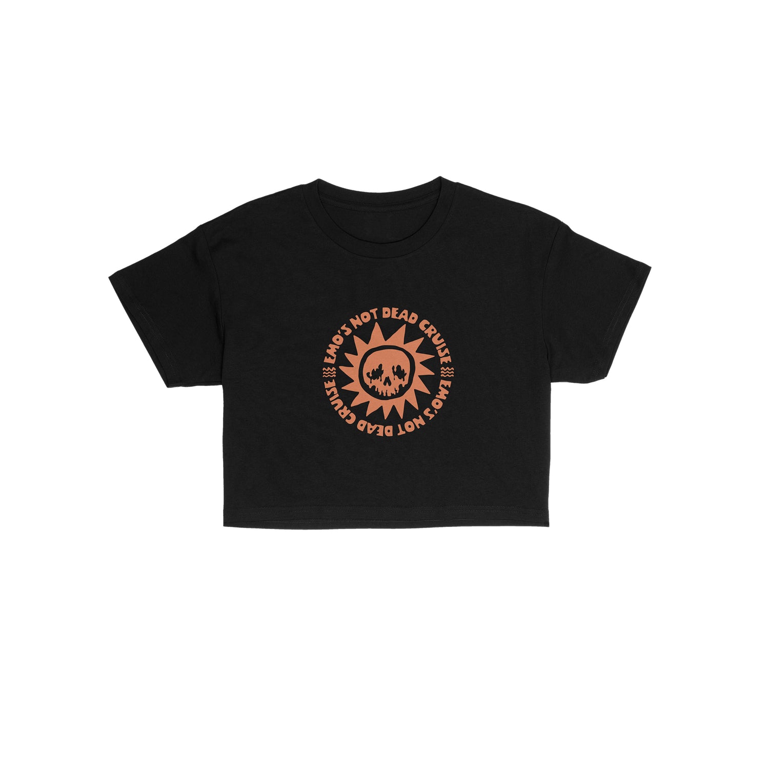 A black short-sleeve crop top t-shirt featuring a circular orange graphic on the chest with a skull inside a sun and the text &