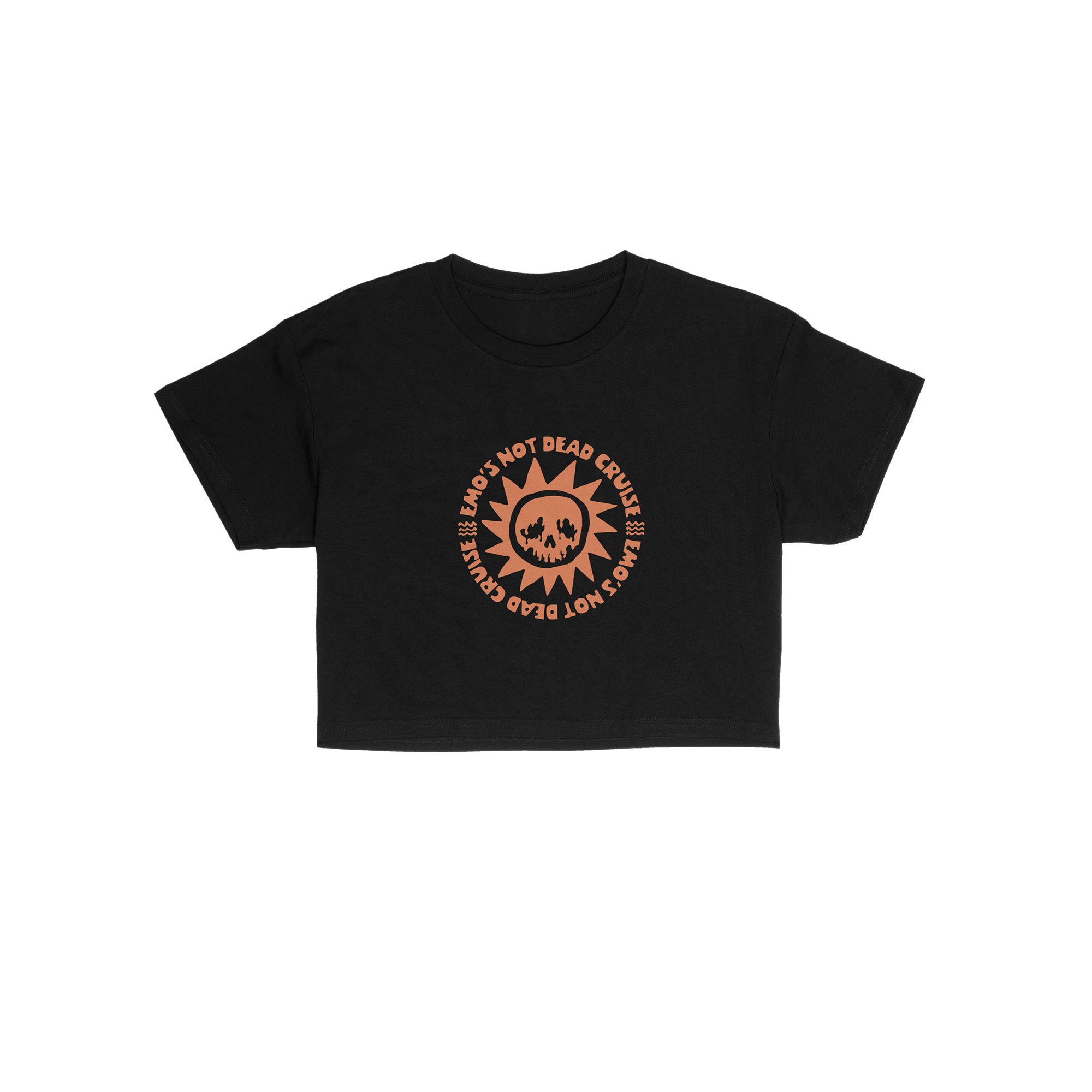 A black short-sleeve crop top t-shirt featuring a circular orange graphic on the chest with a skull inside a sun and the text &