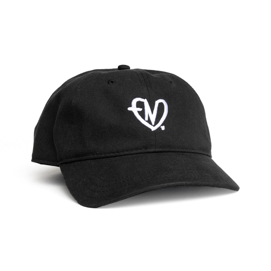 A black baseball cap with a white embroidered logo of a heart containing the letters &