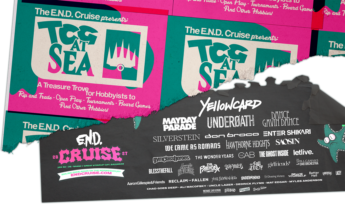 E.N.D. Cruise 2027, January 22 to 26, Miami to Great Stirrup Cay, Bahamas. Lineup: Yellowcard, Mayday Parade, Underoath, Dance Gavin Dance, Silverstein, Don Broco, Enter Shikari, We Came As Romans, Hawthorne Heights, Saosin, Gym Class Heroes, The Wonder Years, The Cab, The Ghost Inside, letlive., Blessthefall, Honey Revenge, The Paradox, The Fall of Troy, Girlfriends, The Spill Canvas and the Emo Orchestra, Aaron Gillespie & Friends, Reclaim the Fallen, Your Broken Hero, Underminded, Chasing Victory, Brace Yourself, Better Hell, Dakota Ave, Lacey, Chad Goes Deep, Ali Macofsky, Uncle Lazer, Dedrick Flynn, Mat Edgar, Myles Anderson, Worst Day Ever, Sappenin' Podcast